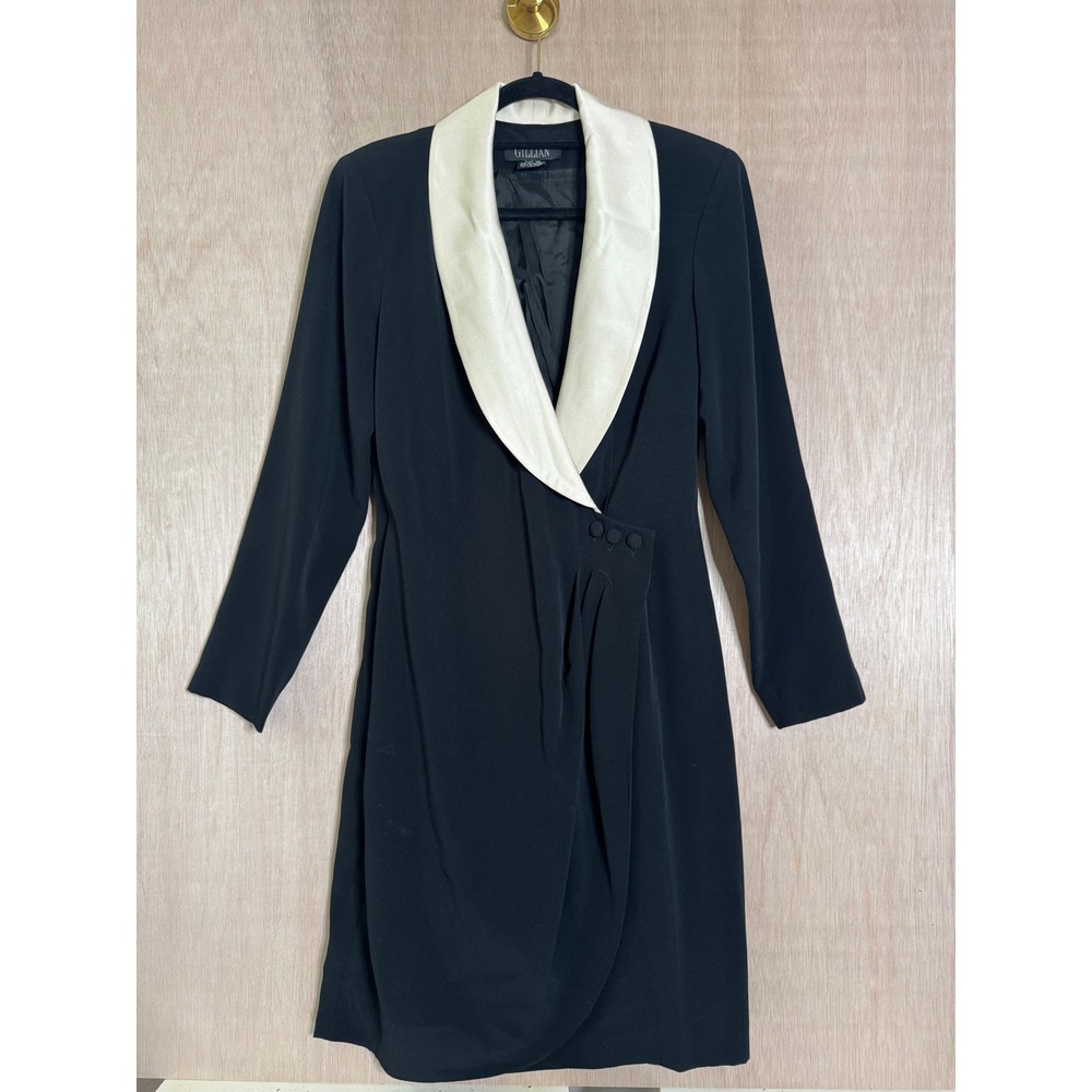 Vintage Gillian Tuxedo Wrap Dress Black Cream Satin Shawl Lapel Made in Korea